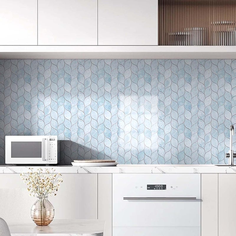 Tilingview 10-Sheet Peel and Stick Backsplash Tile for Kitchen, Self-Adhesive Mosaic Glossy Leaf Stick on Wall Tile with Gaps (Pastel Blue) - Image 2